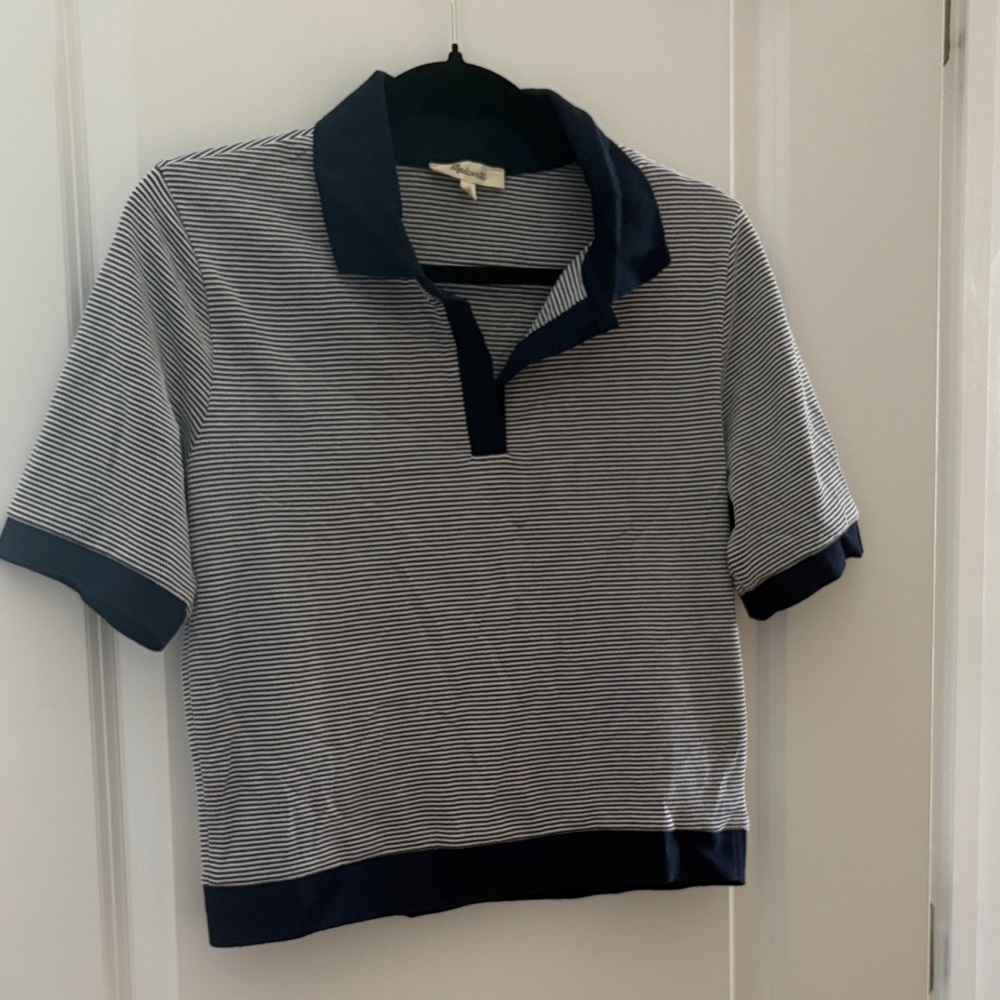 Madewell Navy and White Striped Polo Tee